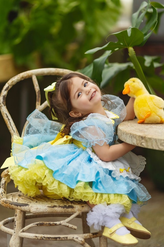 blue and yellow easter dress Skyraze White And Blue Floral,Summer,Casual,Holiday,Party,Picnic,Holiday, Yellow Lemon Print Dress,Sleeveless Square Neck With Tie,Flared Skirt Easter Outfits
