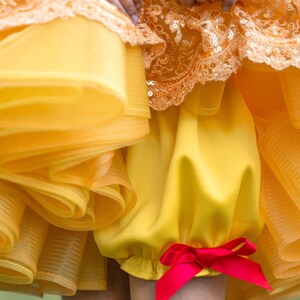 May include: A close-up of a yellow dress with a layered skirt and a red bow. The dress has a lace and sequin bodice. The lower part of the dress is a bright yellow color.