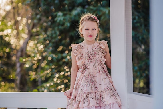 Spring Easter Dress for Girls, Floral Dress for Girls, Flower Girl Dress, Pink Floral Maxi Dress, Chiffon Floral Dress, Girls Beach Dress,