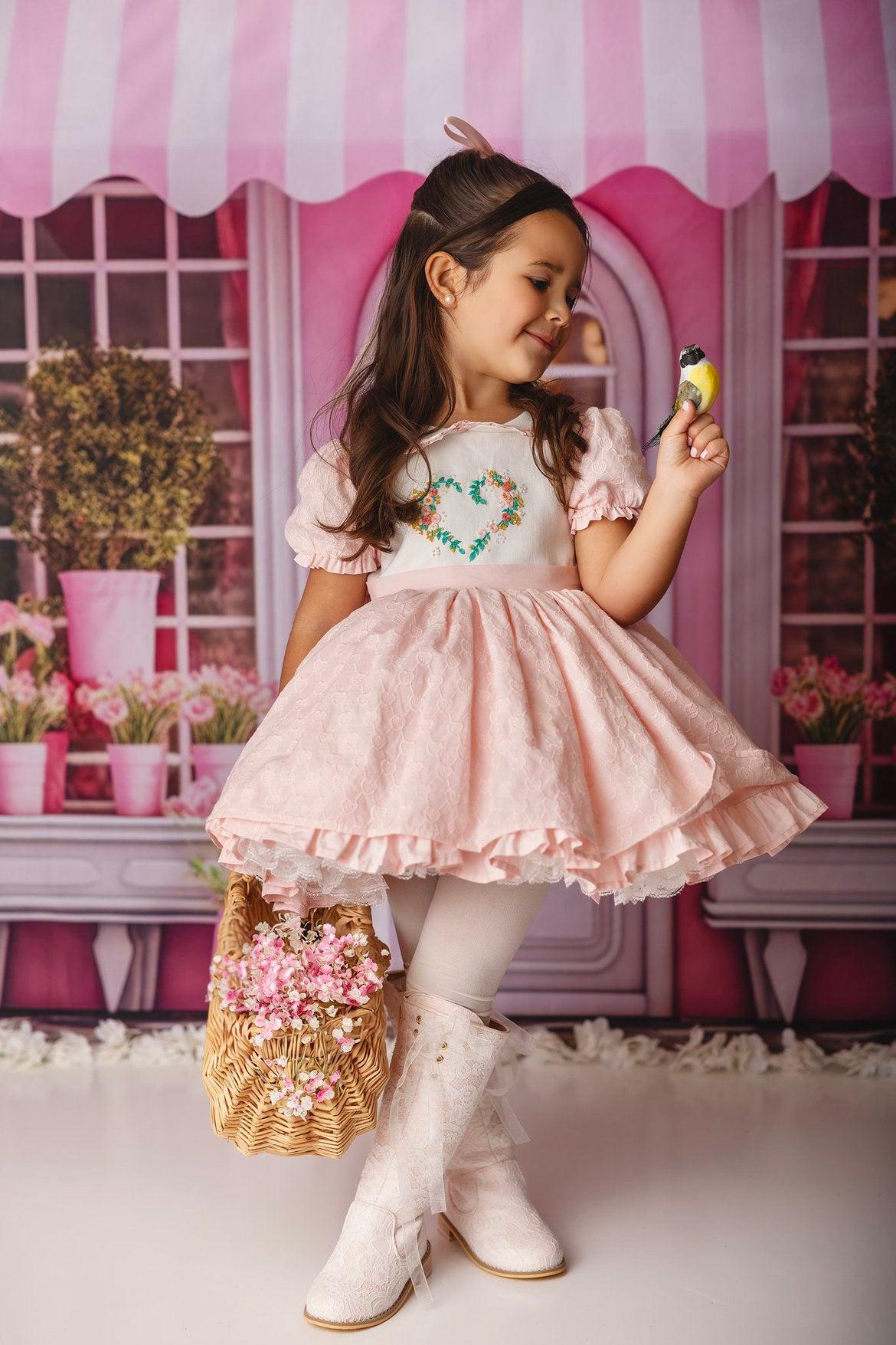 Vestido de San Valentín, vestido de San Valentín bordado, vestido de corazón, traje de San Valentín para niñas, vestido rosa, vestido de corazón para niñas