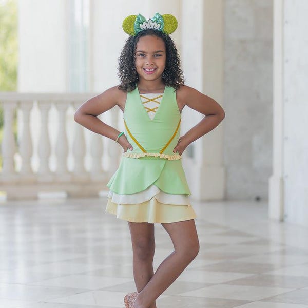 Tiana-jurk, tiana-outfit, tiana-kostuum, jurk prinses en kikker, outfit prinses en kikker, atletische set tiana, tiana-rok