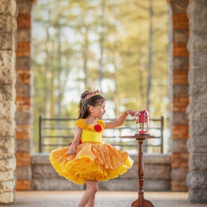 May include: A young girl in a yellow and orange dress with a red rose detail and a gold crown. She is standing near a small wooden table with a glass dome containing a red rose. The dress has a layered skirt and short sleeves. The girl is wearing red shoes.