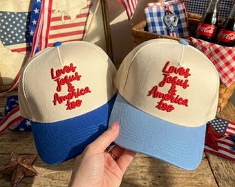 Loves Jesus and America Too 3D Puff Embroidered Hat: Red White Blue Vacation Cap
