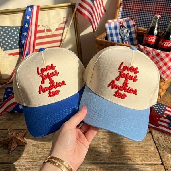 Loves Jesus and America Too 3D Puff Embroidered Hat: Red White Blue Vacation Cap