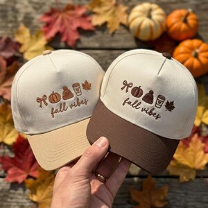 Fall Vibes Embroidered Baseball Cap: Two Tone Coquette Cute Autumn Pumpkin Hat