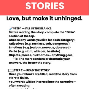 May include: A graphic with the text "SPICY SCRIPT STORIES" and "Love, but make it unhinged." Instructions are provided to fill in blanks with adjectives, emotions, and verbs to create a story. The bottom right corner has a logo that says "StuffLikeDesigns" and the number "1/22".