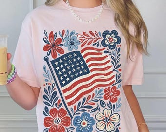 Comfort Colors American Flag Floral Shirt, Folk Art Patriotic Wildflower Tee
