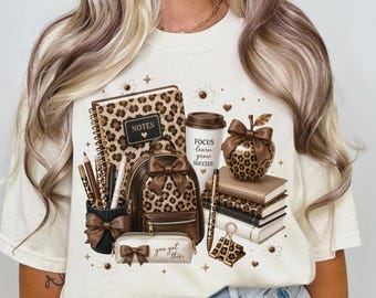 Leopard Teacher Shirt, Back To School Shirt, Cute Teacher Apple Bow Shirt, School Supplies Graphic Tee, Teacher Gift Shirt, Classroom Outfit
