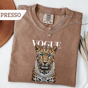Comfort Colors Leopard VOGUE Graphic Tee, Garment Dyed Espresso Shirt