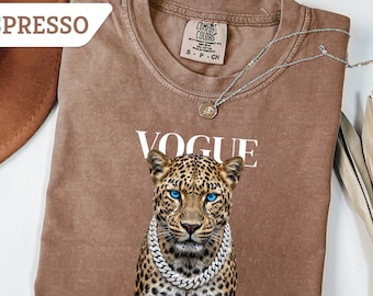 Comfort Colors Leopard VOGUE Graphic Tee, Garment Dyed Espresso Shirt