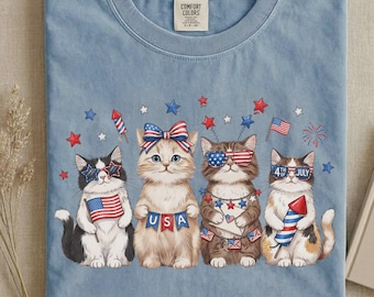 Comfort Colors Patriotic Cats Shirt, USA Flag Kittens 4th of July Tee