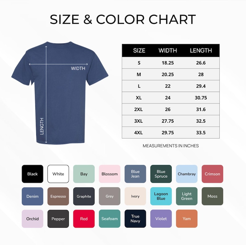 Puede incluir: Una tabla de tallas y colores para una camiseta, con un gr&aacute;fico de camiseta azul y una tabla que muestra la talla, el ancho y el largo en pulgadas. La tabla incluye una paleta de colores con varias opciones.