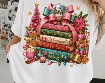 Christmas Book Stack Shirt, Cozy Christmas Books Shirt, Pink Coquette Holiday Tee, Hot Cocoa Christmas Shirt, Cute Winter Graphic Tee