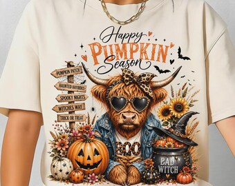 Happy Pumpkin Season Shirt, Highland Cow Halloween Tee, Cute Cow Pumpkin Patch Sweatshirt, Spooky Fall Graphic Shirt, Autumn Cow Lover Gift