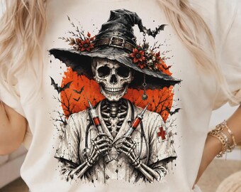 Spooky Nurse Skeleton Shirt, Halloween Nurse Tee, Gothic Medical Skeleton Sweatshirt, Funny Nurse Graphic Shirt, Halloween Healthcare Gift