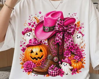 Comfort Colors® Cowgirl Pumpkin Halloween Shirt, Pink Cowgirl Boot Tee, Western Fall Shirt, ute Ghost Pumpkin Shirt, Spooky Season Cowgirl