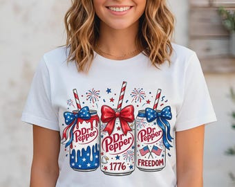 Comfort ColorsPatriotic Soda Bow Shirt, Retro Americana Drink Lover Tee, Red White and Blue Coquette Bow Shirt, 4th of July Beverage Graphic