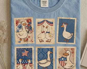 Comfort Colors Patriotic Goose Stamps Shirt, Americana Duck Tee, 4th July Retro Bird