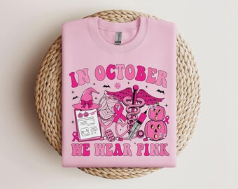 In October we Wear Pink Sweatshirt,Spooky Nurse Shirt, Cancer Team tShirt, Halloween Gift for Nurse, Nurse Crew Long sleeve,Cancer Awareness