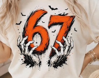 67 Six Seven Meme Ghost Shirt, Funny Halloween Meme Tee, Spooky Skeleton Hands Sweatshirt, Viral Humor Graphic Shirt, Trendy Halloween Shirt