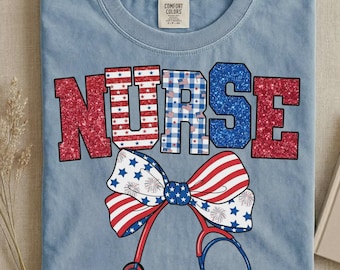 Comfort Colors Patriotic Nurse Shirt, USA Flag Stethoscope Graphic Tee