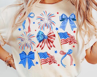 Comfort Colors Patriotic USA Flag Bow Shirt, 4th of July Independence Day Tee