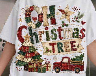 Oh Christmas Tree Shirt, Rustic Christmas Shirt, Vintage Patchwork Christmas Tree Tee, Red Truck Holiday Shirt, Farmhouse Christmas Graphic