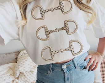 Comfort Colors Brushstroke Horse Bit Western Shirt, Checkered Leopard Print Cowgirl Graphic Tee