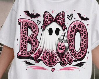 Comfort Colors® Preppy Ghost Boo Shirt, Pink Leopard Ghost Coquette Tee, Cute Halloween Shirt, Trendy Spooky Season Graphic Shirt