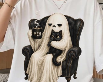 Comfort Colors® Ghost Cat Halloween Shirt, Spooky Black Cat Tee, Funny Ghost Coffee Lover Shirt, Cute Halloween Cat Shirt, Spooky Season