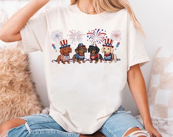 Comfort Colors Dachshund 4th of July Shirt, Patriotic USA Flag Wiener Dog Tee