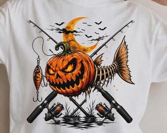 Halloween Fishing Shirt, Pumpkin Fish Skeleton Tee, Spooky Angler Sweatshirt, Jack O Lantern Fishing Shirt, Horror Fishing Graphic Tee