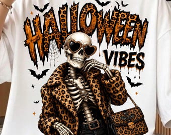 Halloween Vibes Skeleton Shirt, Leopard Skull Girl Tee, Spooky Chic Halloween Sweatshirt, Gothic Skeleton Graphic Shirt, Trendy Halloween