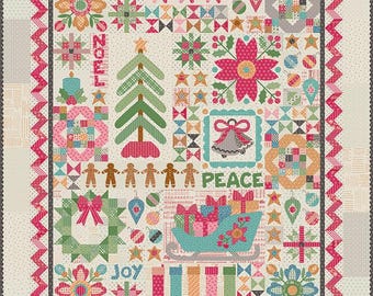 May include: A rectangular quilt featuring a cream background with a red zigzag border. The design includes appliqued motifs of a Christmas tree, a sleigh with gifts, gingerbread people, stockings, a wreath, and the words NOEL, PEACE, and JOY.