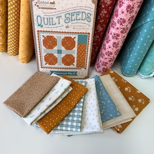 Könnte beinhalten: Eine Quilt Seeds Placemat No. 3 Musterkarte von Lori Holt von Bee in my Bonnet mit einem Kürbis-Quilt-Design. Die Karte wird zusammen mit mehreren gefalteten Stoffmustern in verschiedenen Blumen-, Vichy- und Punktemustern in Braun-, Blau-, Gelb- und Weißtönen präsentiert, vor einem Hintergrund aus gerollten Stoffballen.