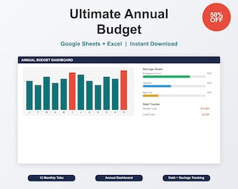 Ultimate Annual Budget Spreadsheet | Google Sheets Yearly Budget Planner with Dashboard & Debt Tracker