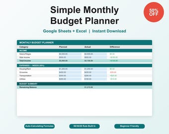 Simple Monthly Budget Planner | Google Sheets, Excel (Digital Download) | Excel Finances