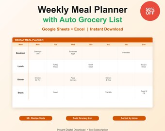 Weekly Meal Planner Spreadsheet with Grocery List | Google sheet Meal Prep Template Recipe Tracker