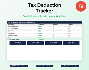 Tax Deduction Tracker Spreadsheet | Self Employed Quarterly Tax Estimator Digital Download