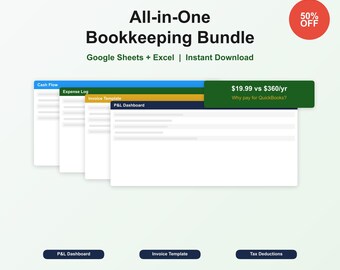 Small Business Bookkeeping Spreadsheet Bundle | Google Sheets Accounting Template | Invoice P&L Tax