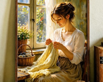 Lámina decorativa de pared "Niña tejiendo acogedora" / Pintura estilo cottagecore vintage / Escena de ventana con luz solar tenue / Decoración rústica estética para el hogar (Descarga digital)