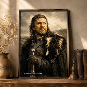 May include: A framed oil painting depicting a bearded man with long brown hair, wearing a dark leather tunic and a thick fur-lined cloak. The figure holds a longsword with both hands, set against a backdrop of a cloudy sky and distant mountains.