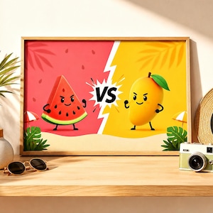 Peut inclure: Une affiche encadrée représentant une pastèque et une mangue de dessin animé dans un face-à-face. La pastèque est sur un fond rose et la mangue sur un fond jaune. Le mot "VS" est au centre. L'affiche est sur une étagère en bois avec des lunettes de soleil et un appareil photo.