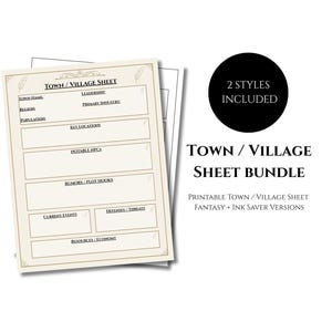 Może przedstawiać: Drukowany pakiet arkuszy Town/Village z dwoma stylami w zestawie. Arkusze mają styl vintage z sekcjami na nazwę miasta, przywództwo, regiony, populację, kluczowe lokalizacje i inne. Tekst "Town / Village Sheet Bundle" jest wyświetlany.