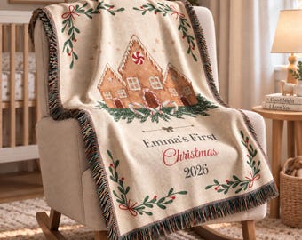 Personalized Baby's First Christmas Blanket Custom Name Woven Throw Newborn Xmas Keepsake Holiday Baby Shower Gift 100% Cotton Tapestry