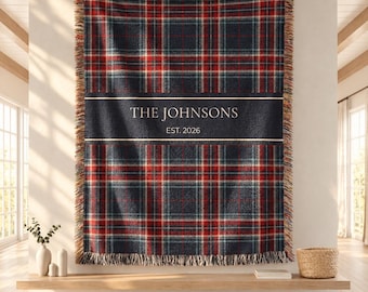 Custom Family Name Blanket Tartan Plaid Woven Throw Personalized Wedding Gift for Couple  Anniversary Keepsake Housewarming Established Year