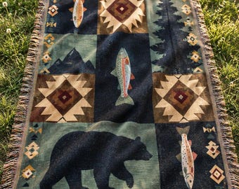 Bear and Trout Woven Blanket Hunter Outdoorsman Gifts for Him Rustic Cabin Tapestry Mountain Lodge Decor Woodland Wildlife Fishing Throw