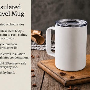 May include: A white insulated travel mug with a handle and a clear acrylic push-on lid. The text on the left lists features including stainless steel body, double wall insulation, and that it is lead and BPA-free. The mug is plain white.