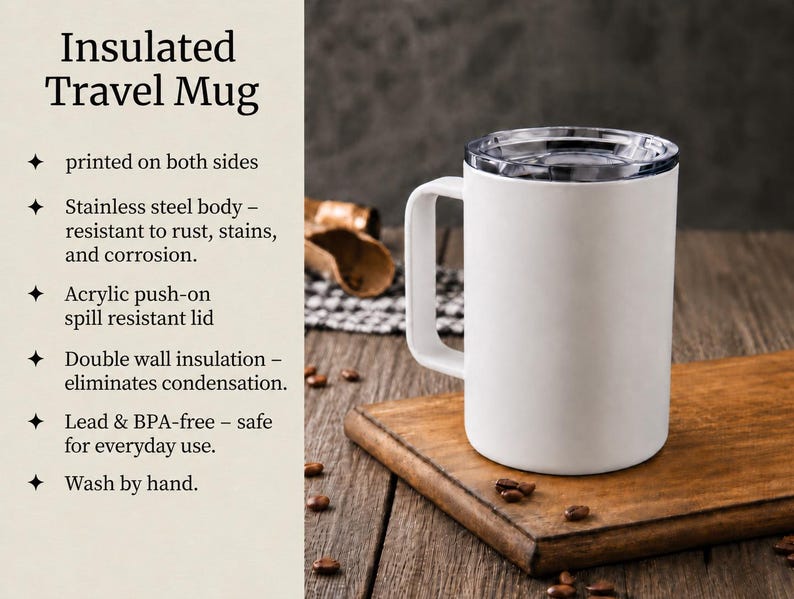 May include: A white insulated travel mug with a handle and a clear acrylic push-on lid. The text on the left lists features including stainless steel body, double wall insulation, and that it is lead and BPA-free. The mug is plain white.