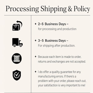 May include: An informational graphic titled Processing Shipping & Policy with four black icons: a package, a delivery truck, a loom, and a shield with a checkmark. The text outlines production times, shipping durations, and return policies.